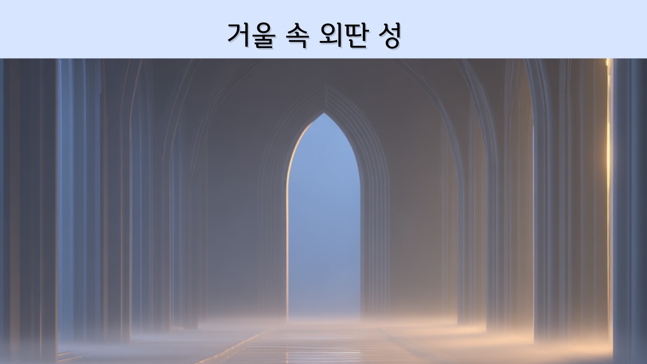 거울 속 외딴 성 커스텀 썸네일, 안개 낀 아치형 통로가 깊게 이어지는 몽환적인 성 내부 이미지