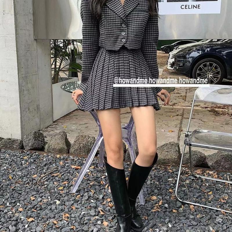 체크무늬 여성 정장 미니스커트 크롭자켓 세트 투피스