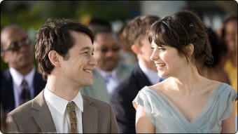 500일의 썸머 영화에서 톰과 썸머가 환하게 웃으며 나란히 앉아 있는 장면