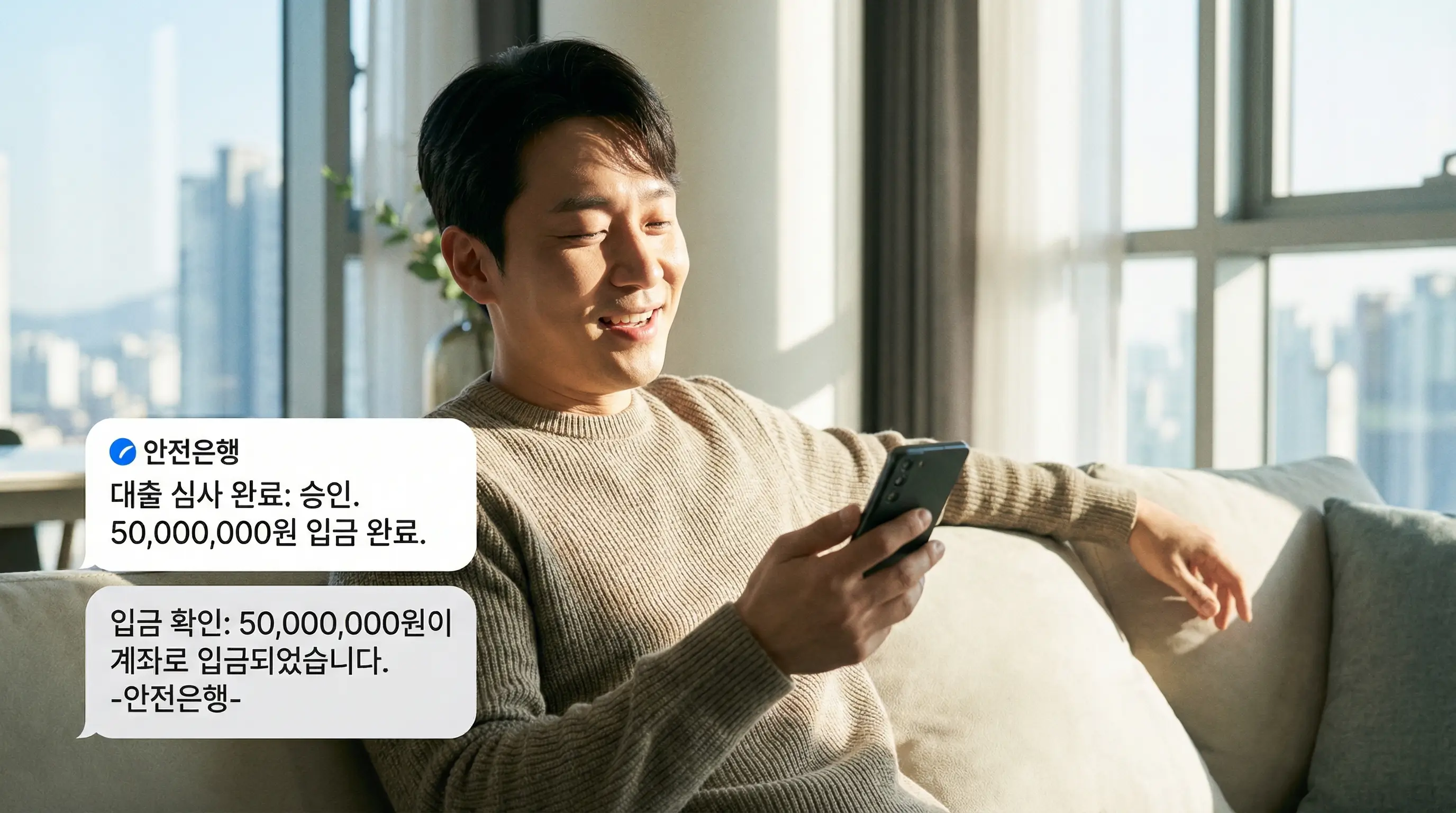 스마트폰으로 간편하게 대출 심사 결과를 확인하고 입금 완료 문자를 받는 안도하는 모습