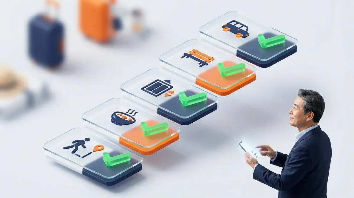 5060 세대를 위한 해외여행 맞춤형 체크리스트를 시각화한 3D 아이소메트릭 인포그래픽. 도보 거리제한, 한식 비중, 엘리베이터 유무 등 필수 점검 항목들이 입체적인 체크 표시와 아이콘으로 체계적으로 표현되어 있으며, 이를 만족스럽게 바라보는 중년 남성의 모습이 포함됨