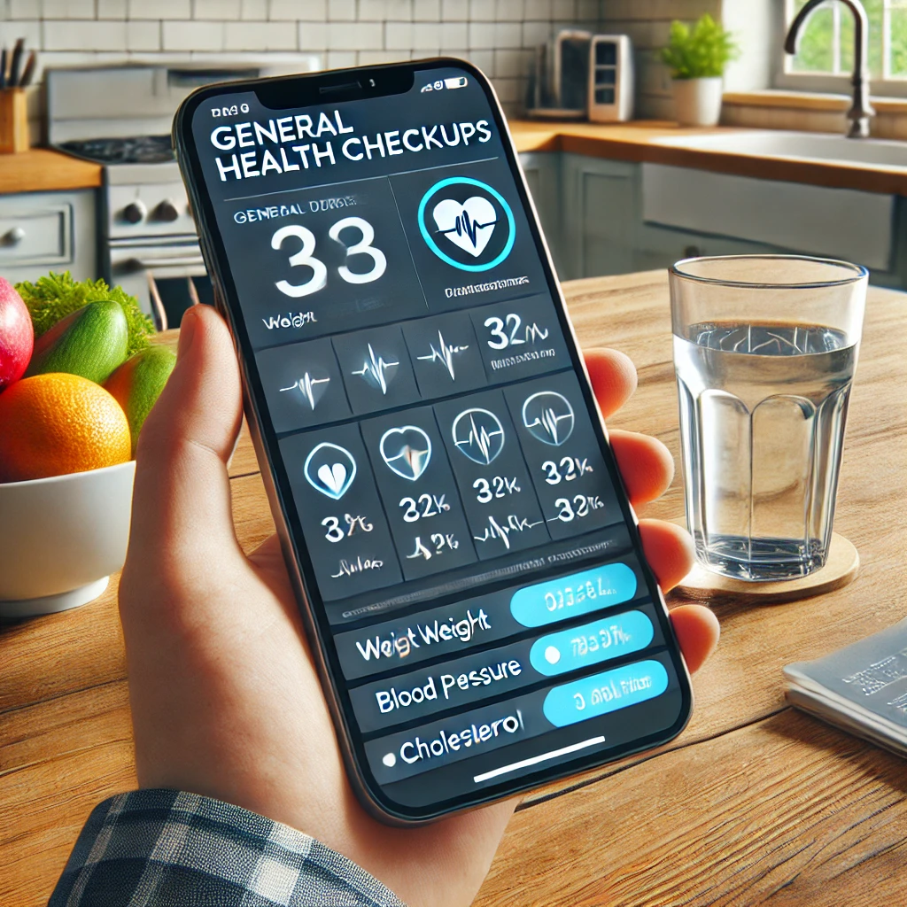 스마트폰 화면에 일반 건강검진 옵션이 표시된 모습. 체중, 혈압, 콜레스테롤 검사와 같은 기본 건강 지표가 나열되어 있으며, 건강 간식을 곁들인 물잔과 함께 주방 테이블에 앉아 있는 사람