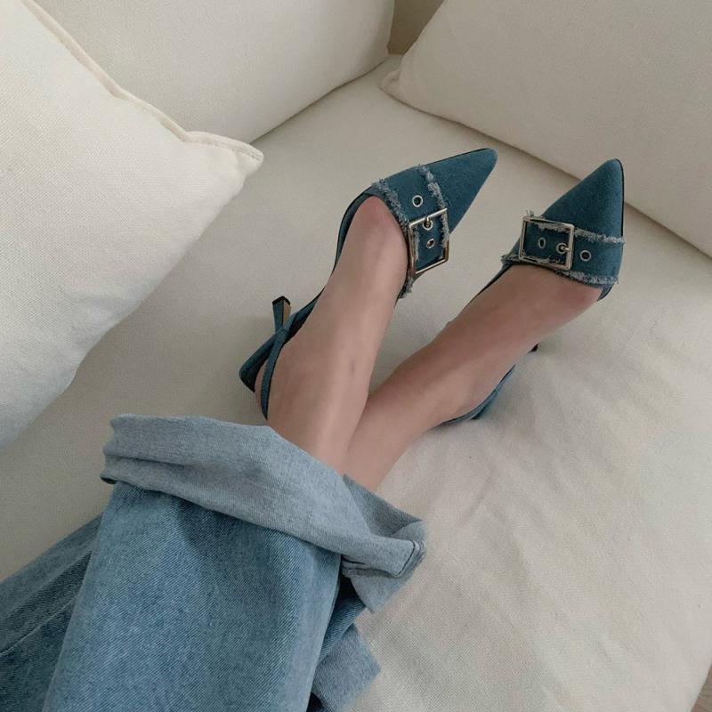 벨트 데님 스틸레토 슬링백 구두 유니크 하이힐