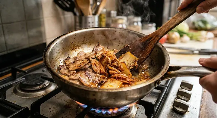 냄비에서 돼지고기와 김치를 함께 볶는 김치찌개 조리 과정