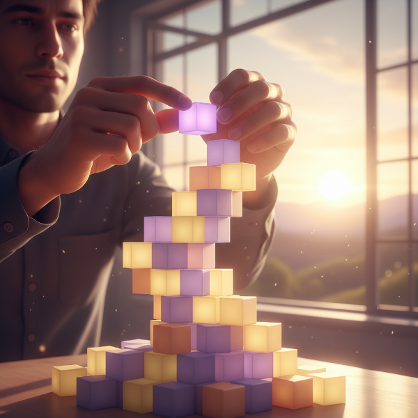 한 사람이 조심스럽게 블록을 쌓아 올리며 신뢰가 단계적으로 형성되는 과정을 상징적으로 보여주는 이미지.