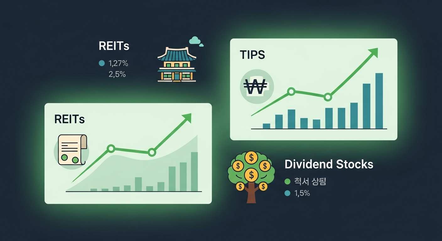 물가연동채권(TIPS), 리츠(REITs), 배당주 등 금융 상품들이 인플레이션에 대비한 안정적인 수익을 보여주는 차트.