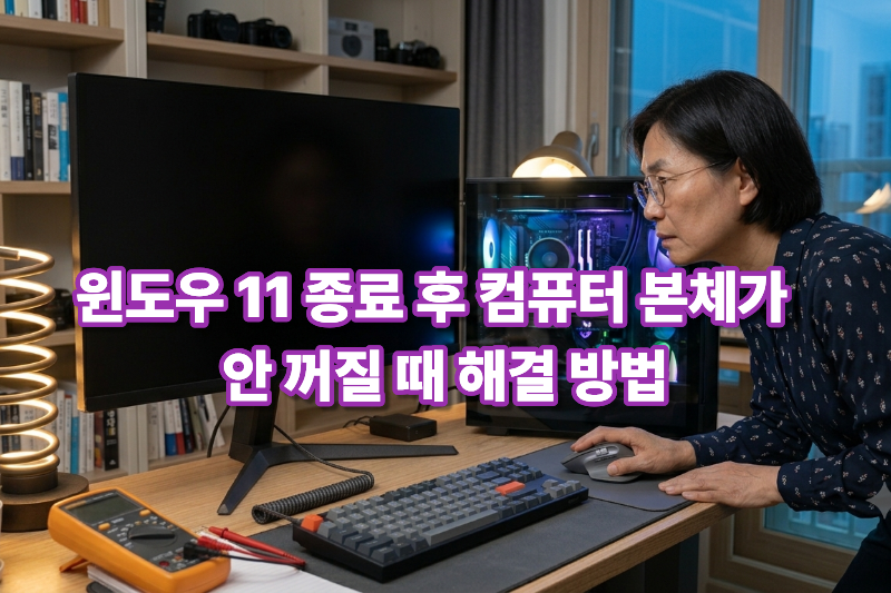 Windows 11 종료 후에도 컴퓨터 본체 전원과 LED가 꺼지지 않는 문제를 확인하는 모습
