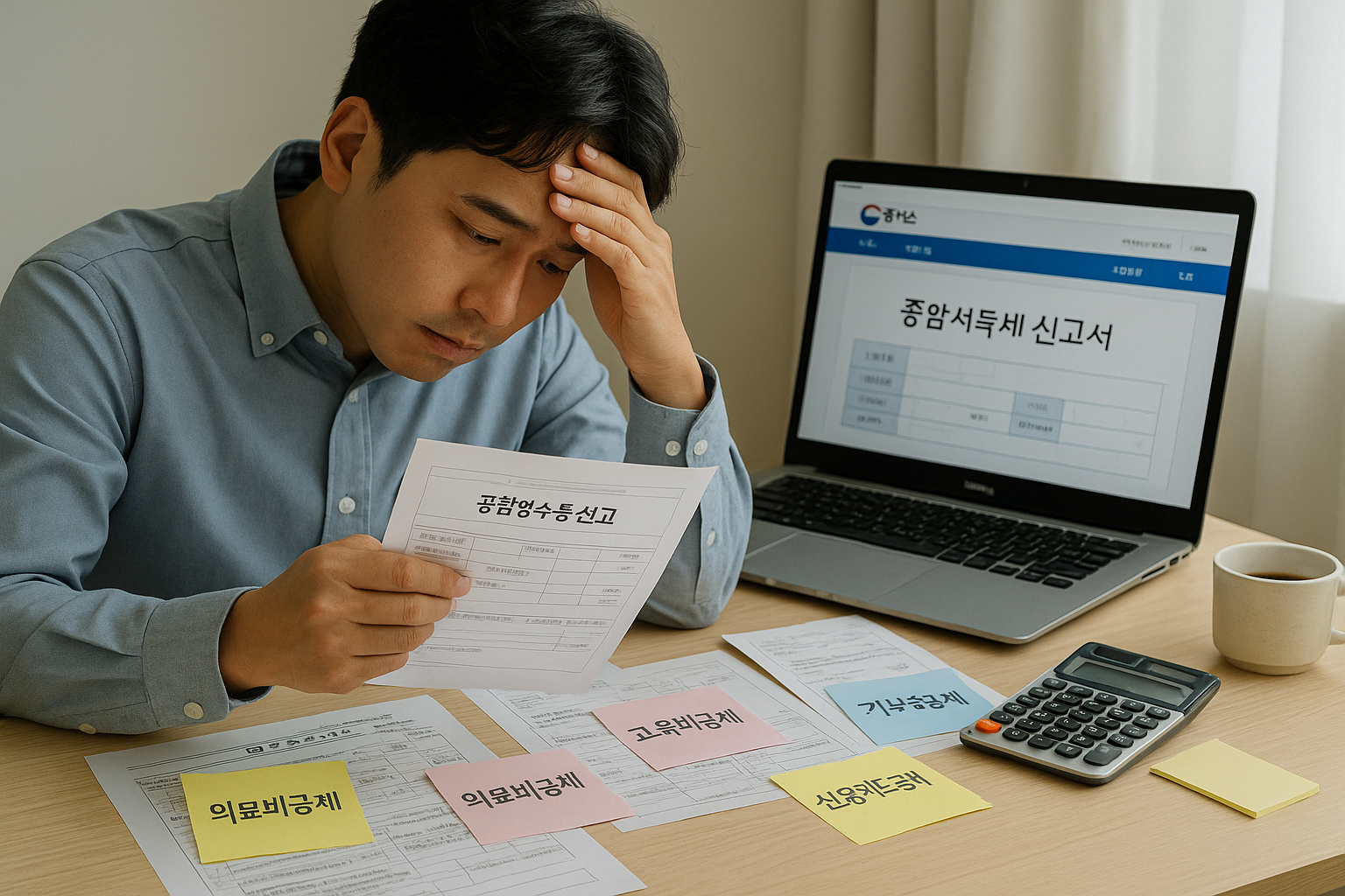 종합소득세 공제항목을 정리하며 놓친 항목을 고민 중인 자영업자 &ndash; 인적공제, 의료비, 카드공제 등이 메모된 책상 위 세무 서류