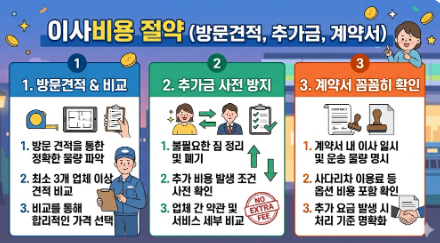 방문견적, 추가금 방지, 계약서 확인 등 이사비용 절약법 인포그래픽