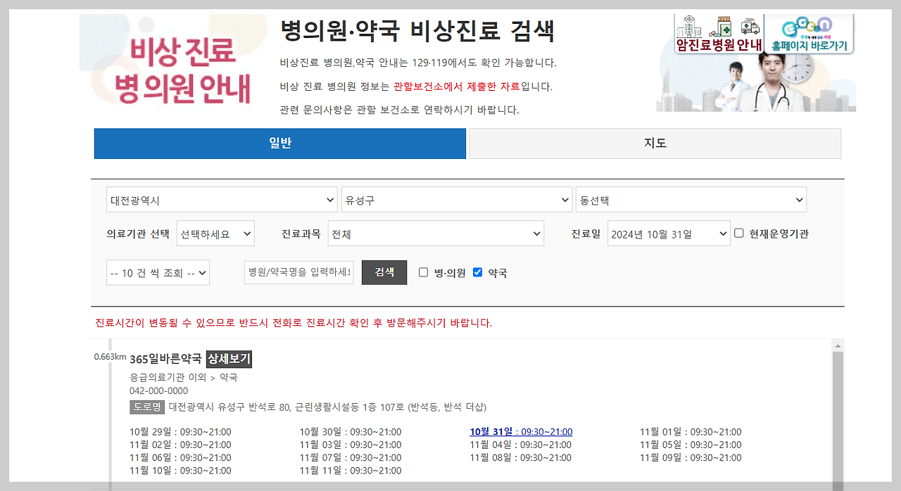 비상진료병의원 안내 홈페이지 캡쳐 이미지