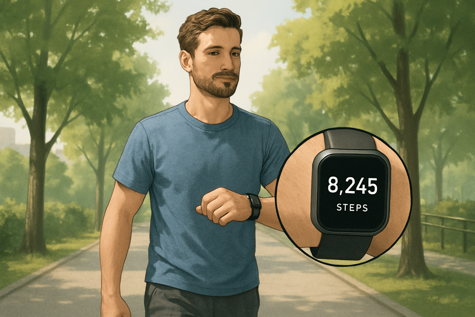 스마트워치로 걸음수를 재면서 공원을 산책하는 남자 일러스트