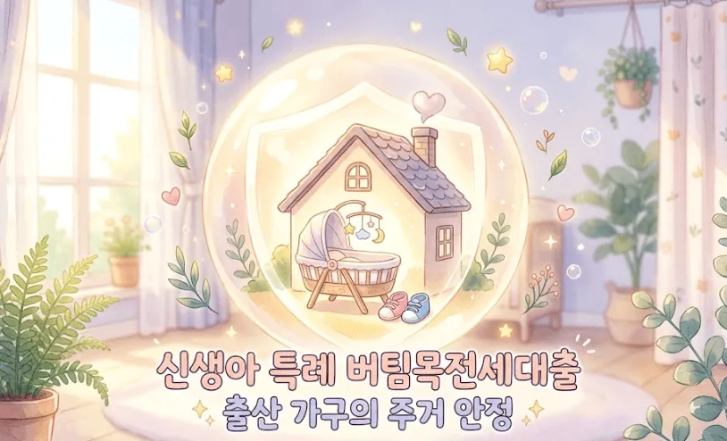 신생아 특례 버팀목전세대출 조건: 따뜻한 수채화 톤 배경에 아늑한 집 모형과 아기 요람, 아기 신발이 튼튼한 보호막 안에 안전하게 담긴 일러스트입니다. 하단에는 '신생아 특례 버팀목전세대출 출산 가구의 주거 안정' 문구가 있습니다. 2026년 기준 연 1.3% 최저 금리로 출산 가구의 전세자금대출 부담을 덜어주는 제도의 혜택을 상징적으로 표현한 썸네일입니다