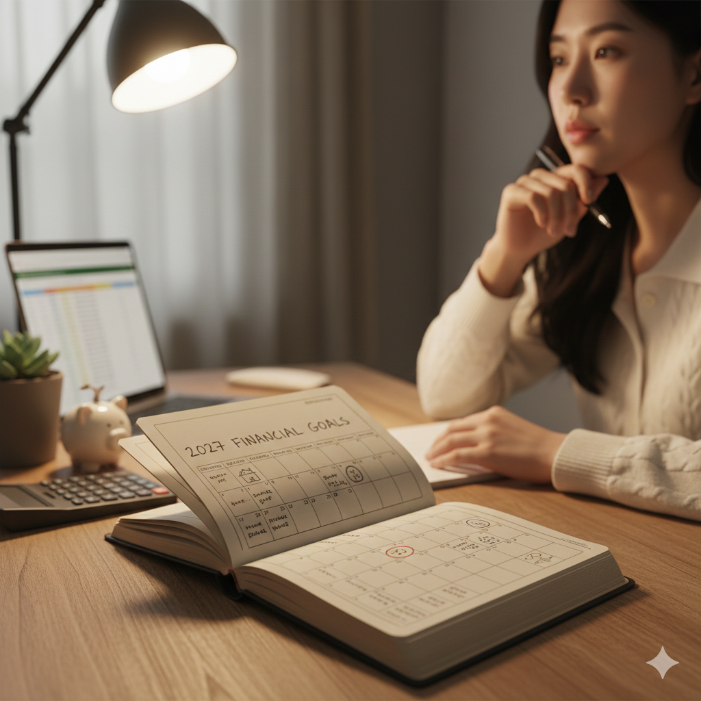 젊은 한국 여성 한 명이 노트북과 노트에 2027년 재무 목표를 적으며 집중해서 계획을 세우고 있는 저녁 책상 위 장면.