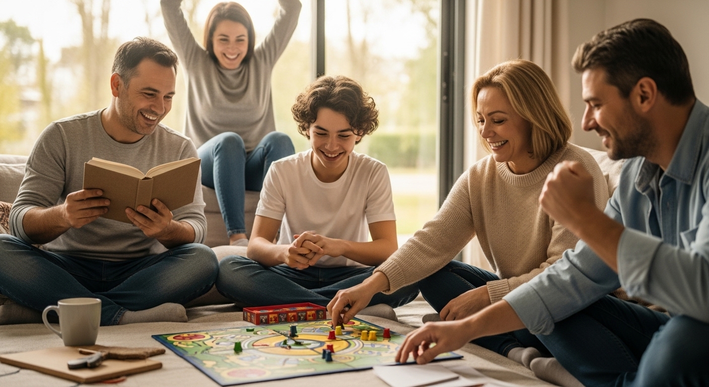 스마트폰 없이 보드게임을 하거나 함께 책을 읽는 등 오프라인 활동을 즐기는 행복한 가족의 모습.