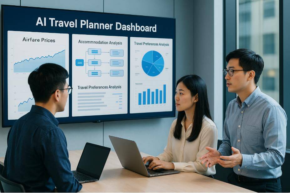 데이터 분석가들이 여행 데이터 대시보드를 검토하는 장면