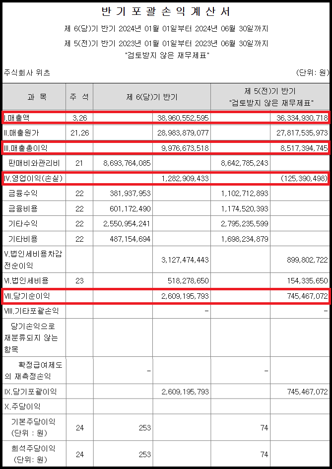 위츠 반기 포괄손익계산서