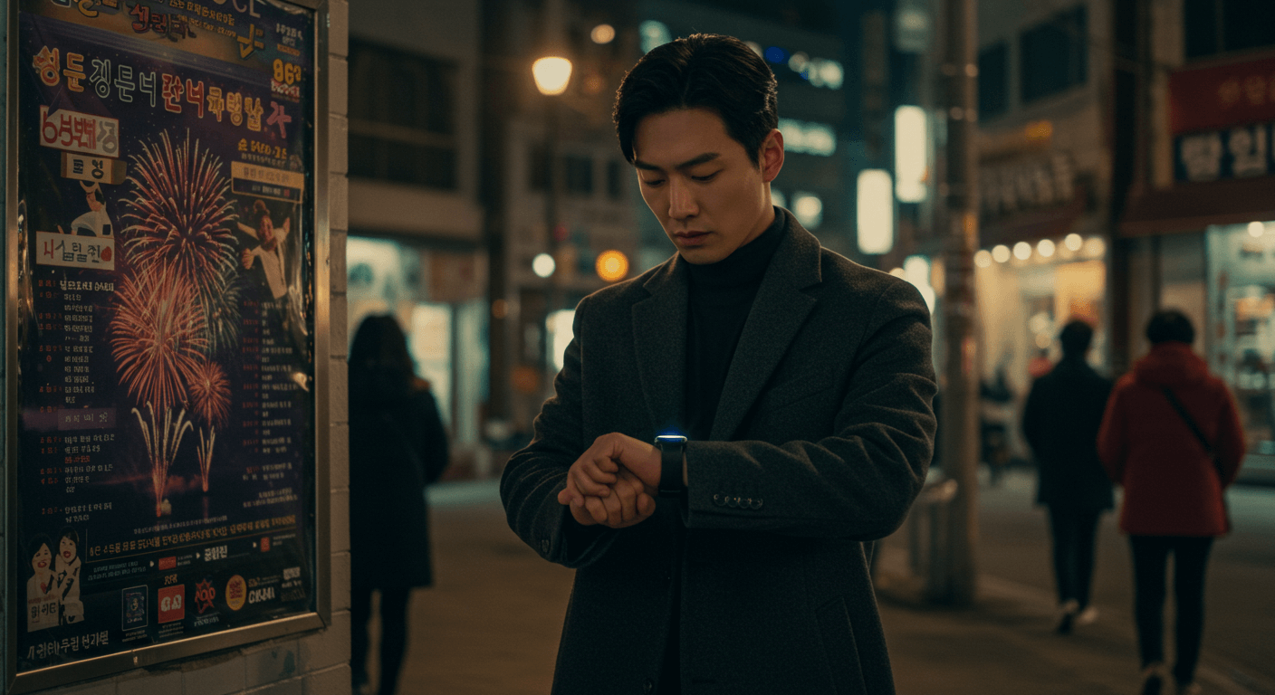 스마트워치와 불꽃축제 시간표를 확인하는 장면 1