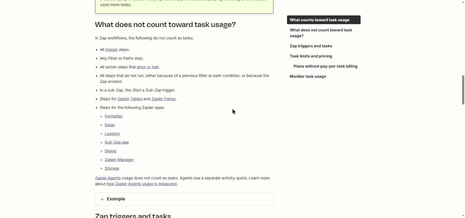 Zapier 도움말의 task 사용량 안내에서 트리거와 Filter Paths 단계 오류가 난 액션은 task로 세지 않는다는 목록이 표시된 2026-09-18 직접 캡처