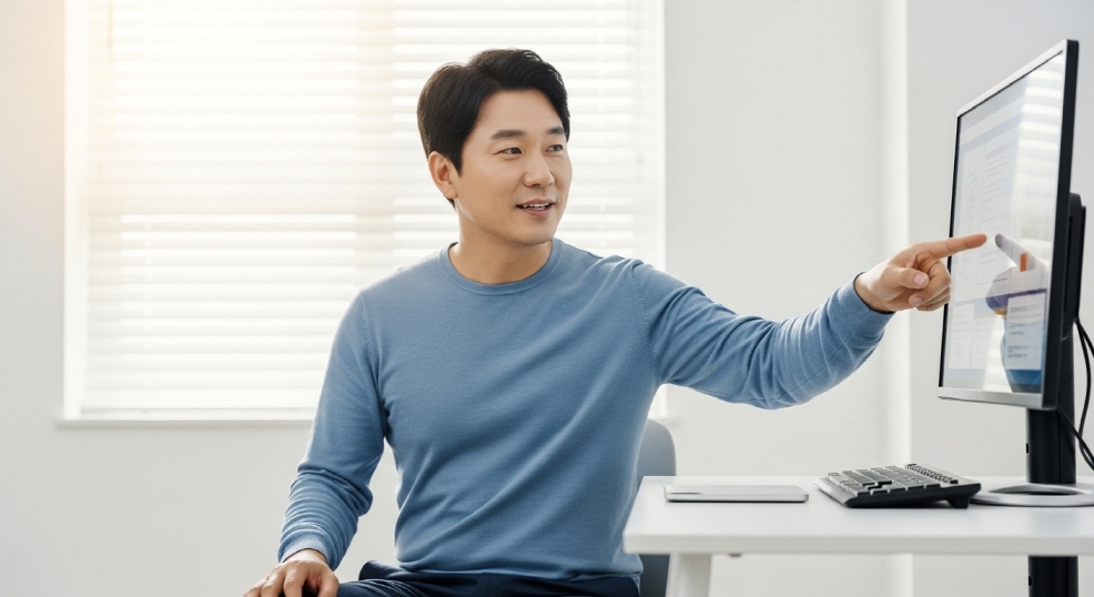 손가락으로 화면 가리키며 설명하는 한국인 남성