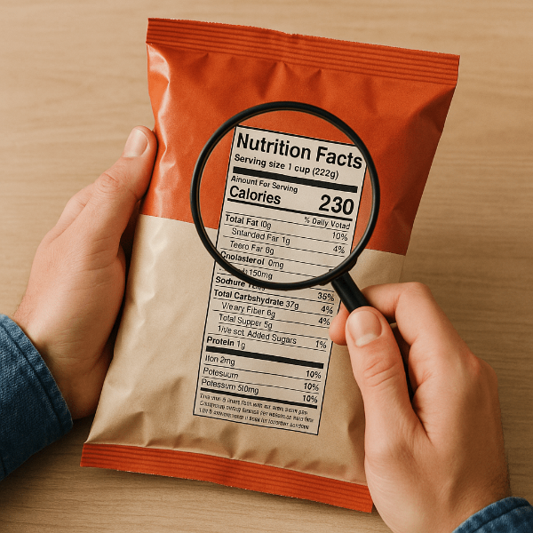 성분표를 돋보기로 확인하고있는 사진