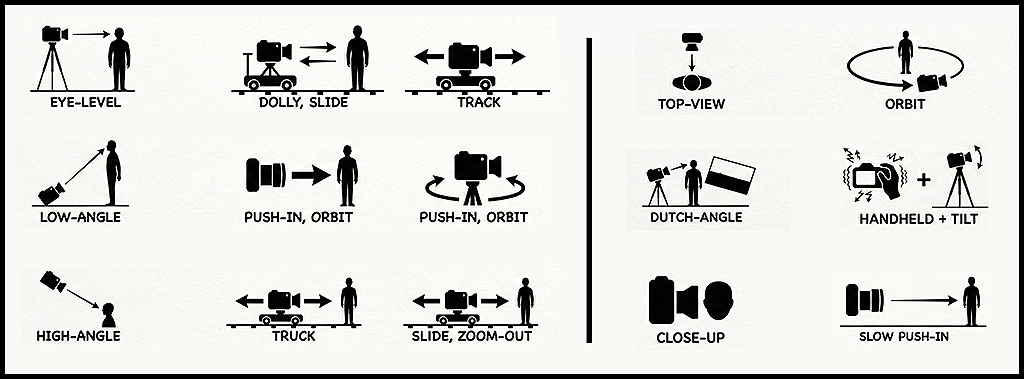 각 카메라 앵글에 가장 효과적인 영상 무브먼트를 묶어 정리한 시네마틱 연출 전략 조합표_Nanobanana Pro