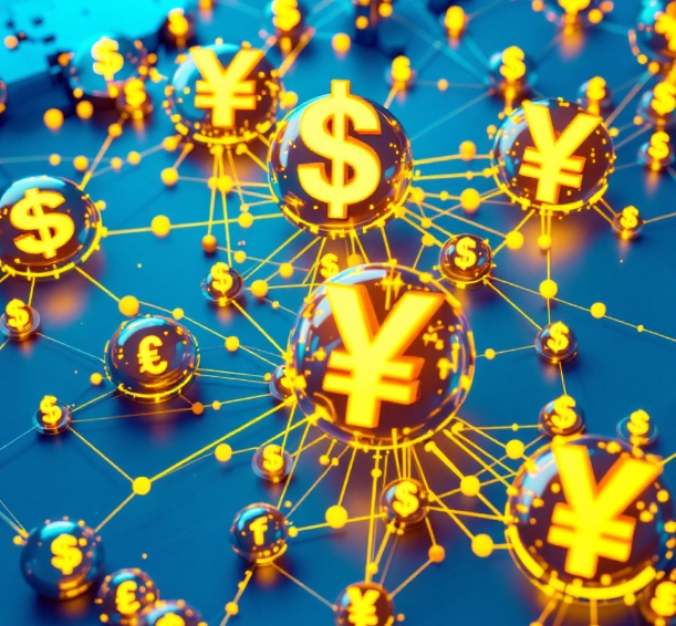 황금색 구안에 달러, 엔화, 원, 위안, 등등의 서로 연결되어 있는 모습