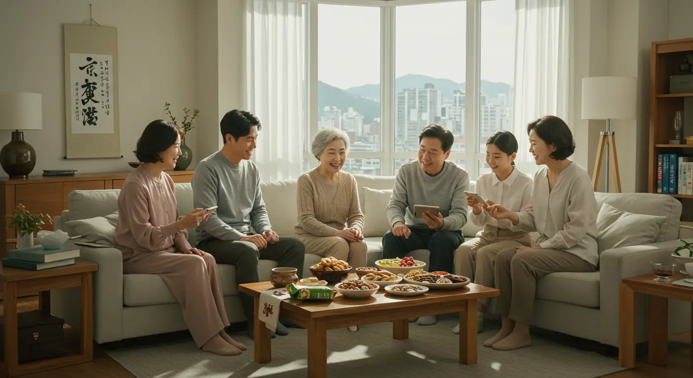 온가족이 거실에 모여서 화목하게 웃는 모습이다. 테이블에는 음식들이 놓여있다.