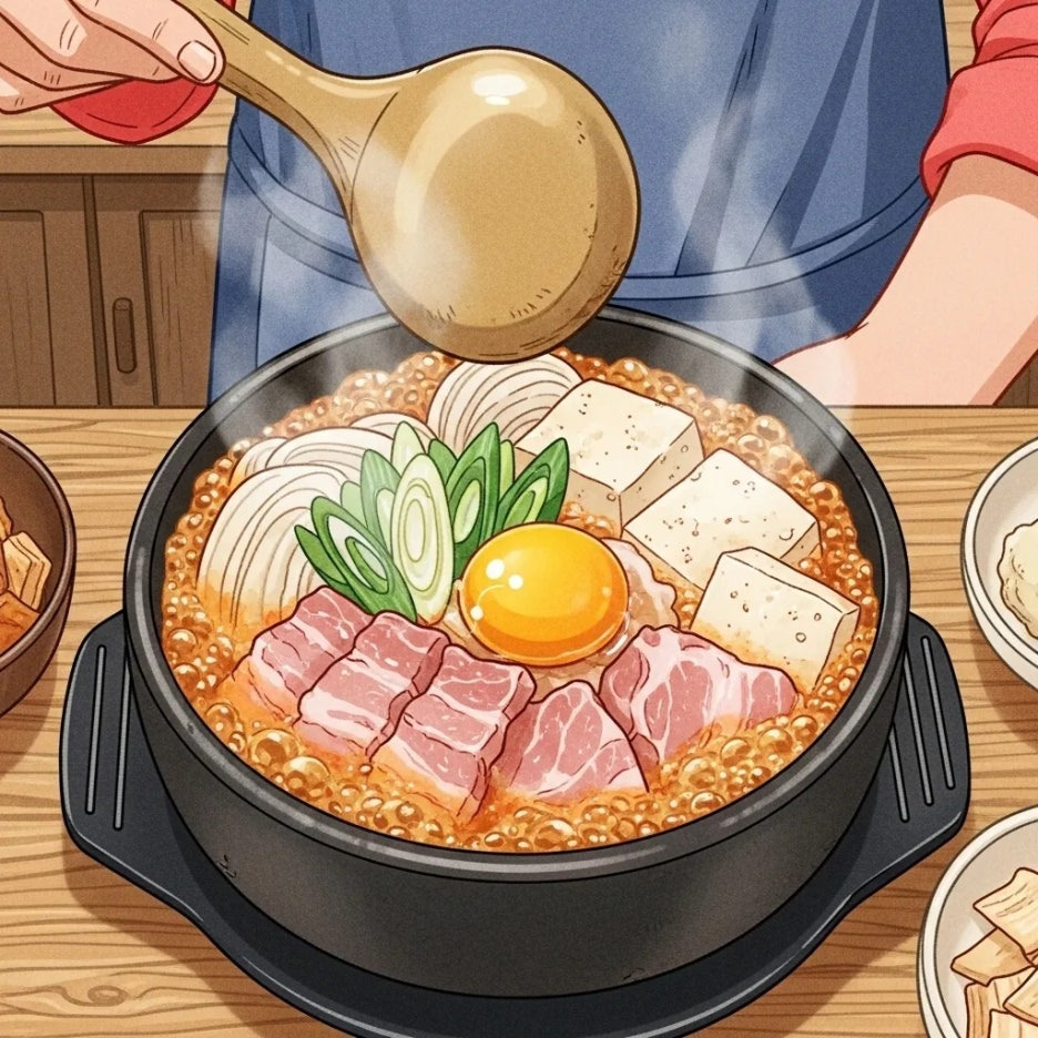 뚝배기에서 보글거리는 돼지고기 순두부찌개 모습