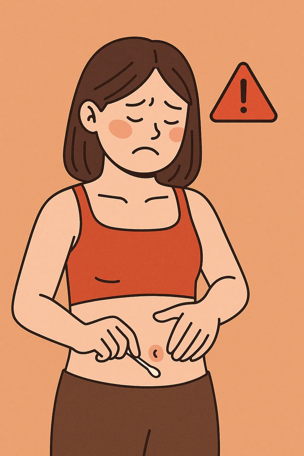 배꼽을 면봉으로 닦으며 불편한 표정을 짓는 여성과 경고 아이콘이 함께 있는 일러스트