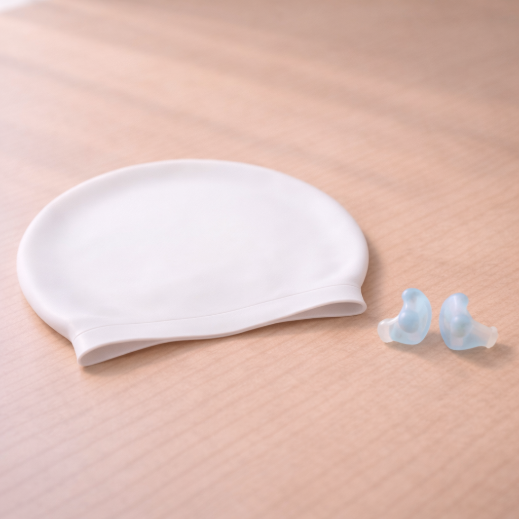 외이도염 예방을 위한 수영 귀마개와 수영모 정물 이미지