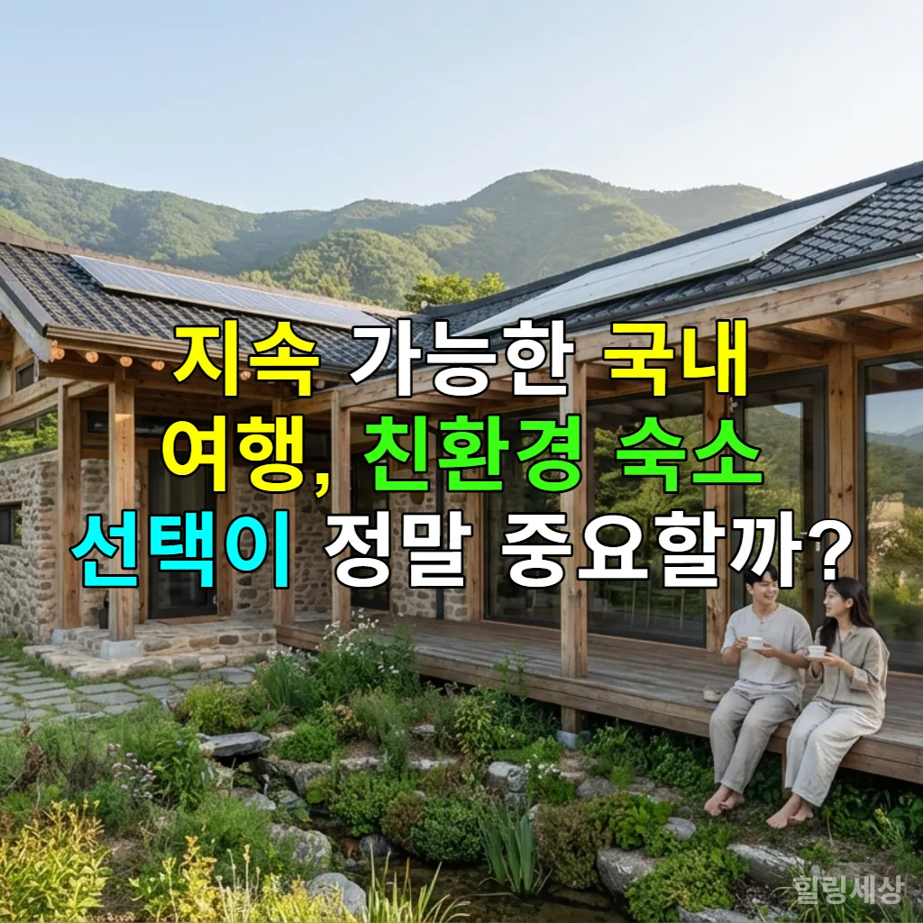 한국의 자연 친화적인 산악 지대에 위치한 친환경 게스트하우스, 재생 에너지와 함께 평화로운 풍경을 즐기는 커플.