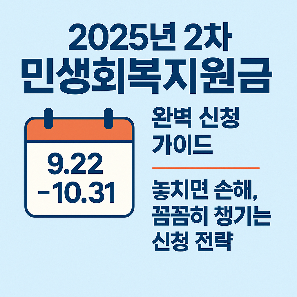 2025년 2차 민생회복지원금 신청 가이드를 안내하는 썸네일 이미지, 파란색 배경에 달력 아이콘과 함께 "9.22~10.31", "완벽 신청 가이드", "놓치면 손해, 꼼꼼히 챙기는 신청 전략" 문구가 강조된 디자인