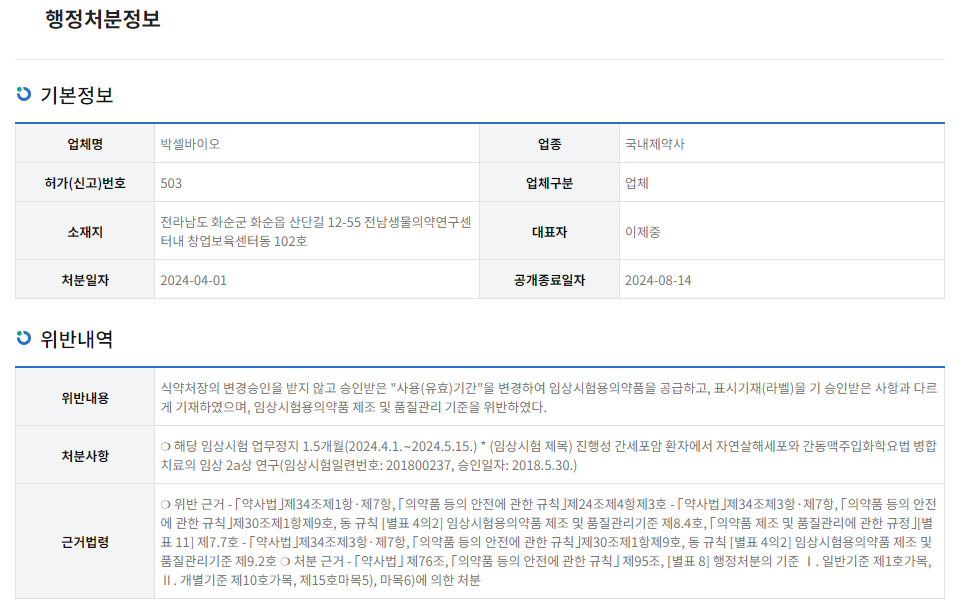 빅셀바이오 행정처분정보-위반내용-처분사항-근거법령