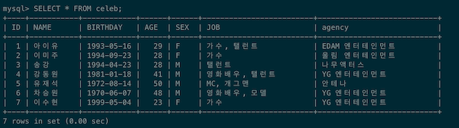 celeb 예제 테이블