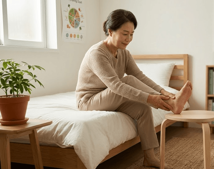 발바닥 자극을 활용하며 수면의 질을 높이려고 노력하는 여성