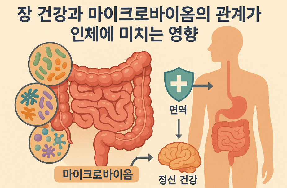 장 건강과 마이크로바이옴의 관계가 인체에 미치는 영향을 나타내는 사진