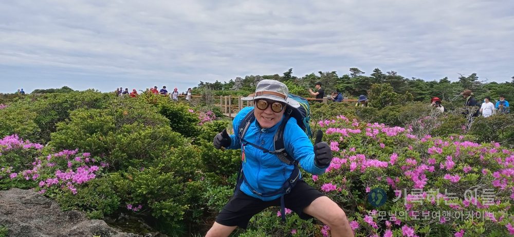 철쭉밭 한가운데서 두 손 엄지를 치켜든 남성