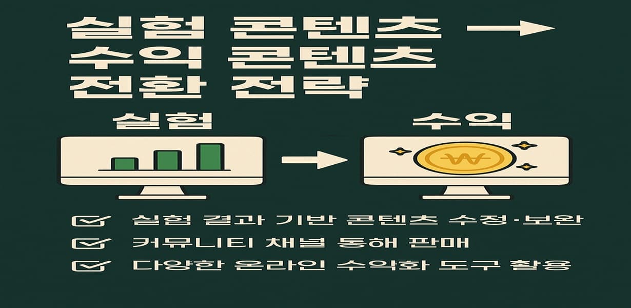 실험 콘텐츠를 수익 콘텐츠로 전환하는 전략을 설명한 인포그래픽 이미지