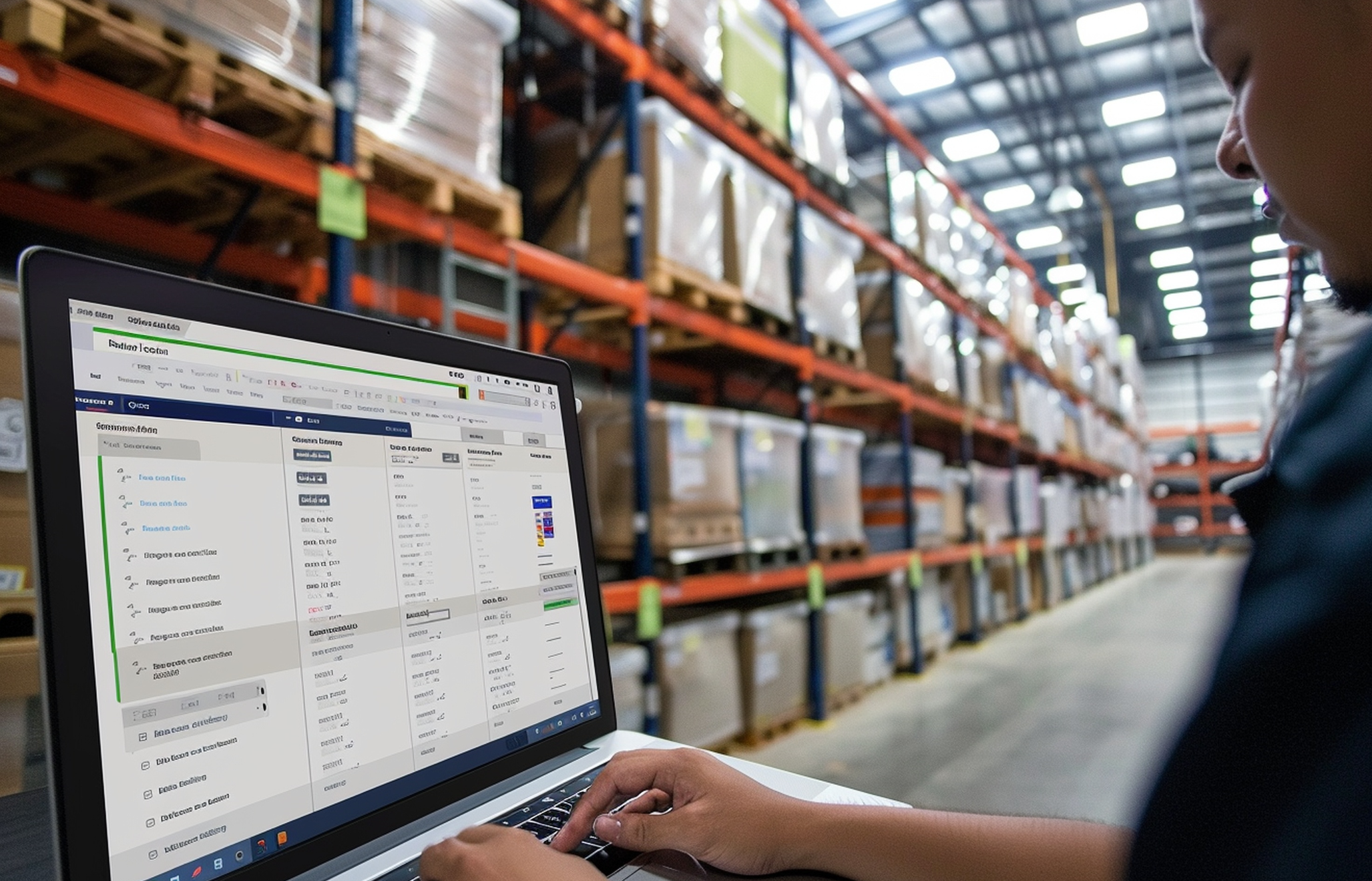 창고관리자가 노트북으로 웹 WMS에 데이터를 입력하고 있는 모습
