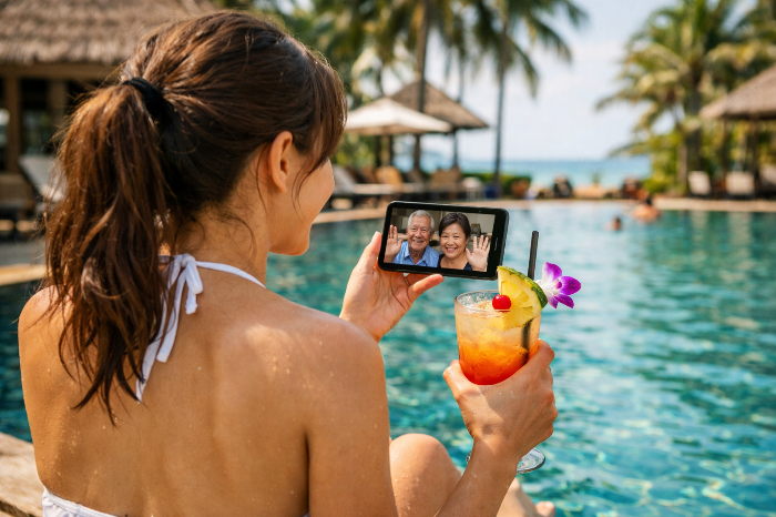 해외 휴양지에서 비대면으로 명절 인사를 나누는 여행객.