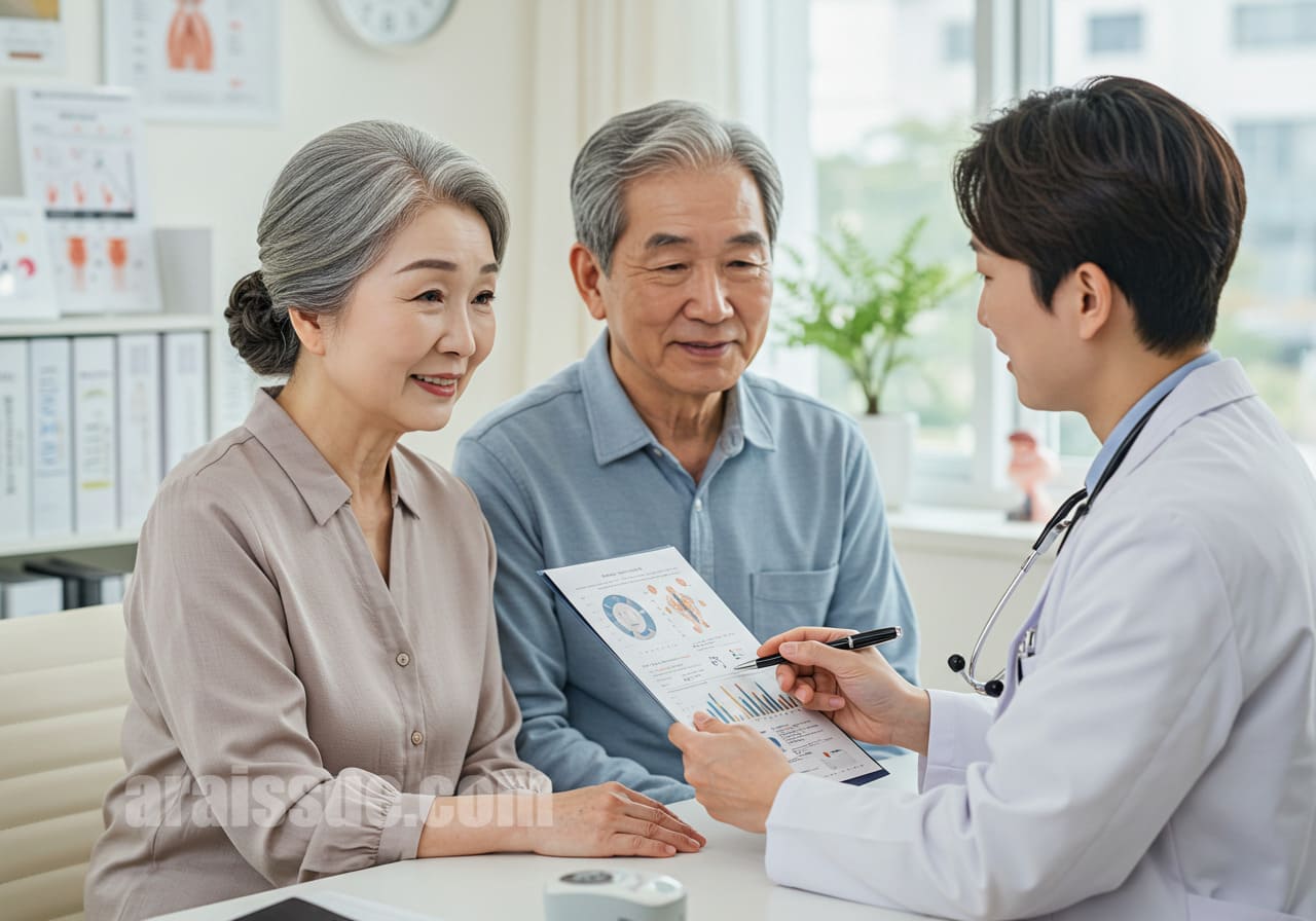 병원에서 고혈압·당뇨병 관리 방안을 받는 65세 이상 부부