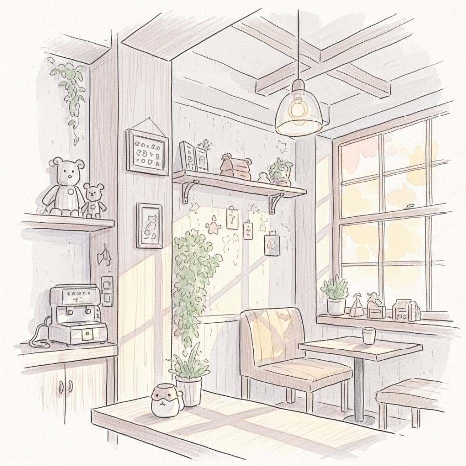 따뜻한 햇살이 비치는 아늑한 카페 내부의 수채화 풍경