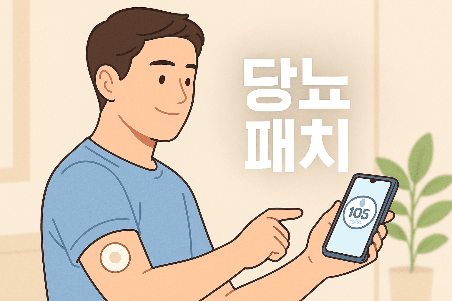 당뇨패치-혈당관리-스마트폰-측정결과-105mgdl-팔부착형센서-젊은남성-건강보조기기-밝은실내-자가관리