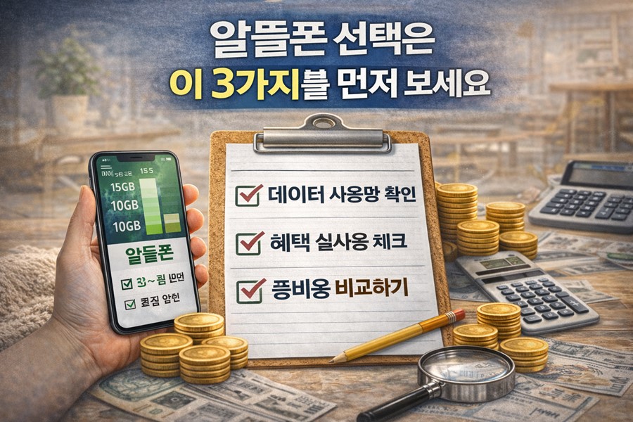 데이터 사용량과 혜택 실사용 여부, 총비용을 비교해 알뜰폰 요금제를 고르는 방법을 보여주는 체크리스트 이미지
