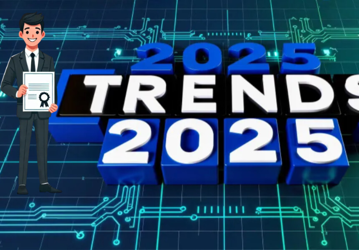 2025 트렌즈라고 씌여진 글자옆에 자격증을 들고 있는 남성