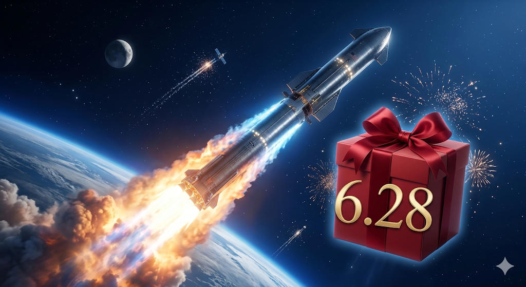 거대한 스페이스X 스타십 로켓이 발사되는 배경 위에 숫자 '6.28'과 화려한 선물 상자가 합성된 미래지향적 이미지