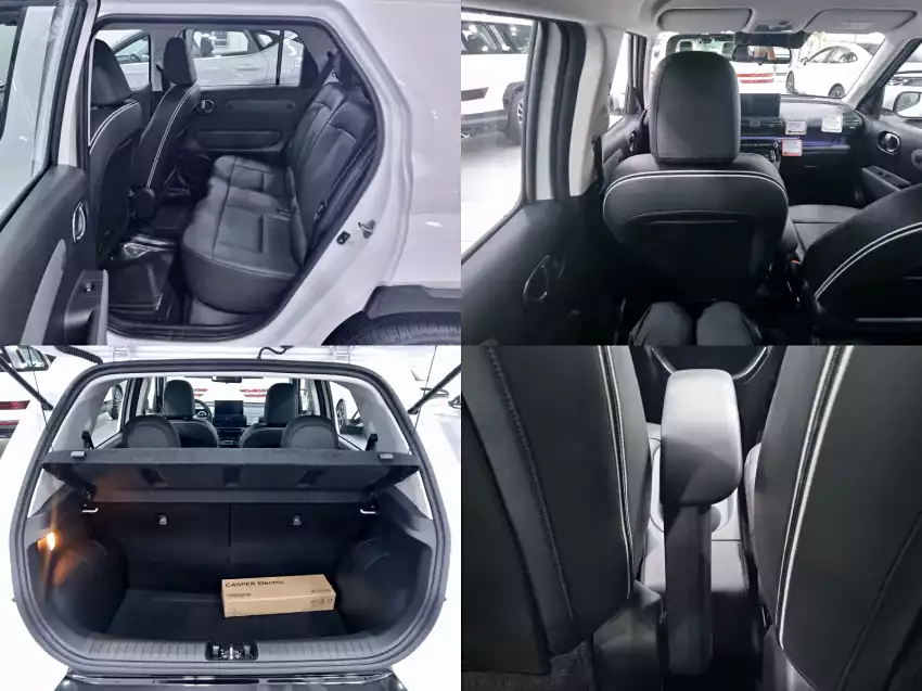 캐스퍼 일렉트릭 전시차의 2열 구성, 트렁크를 살핀 모습입니다.