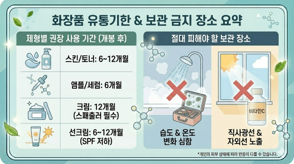 화장품 유통기한 표, 개봉 후 사용 기간 PAO, 화장품 보관 방법, 욕실 화장품 보관 위험성, 선크림 유통기한
