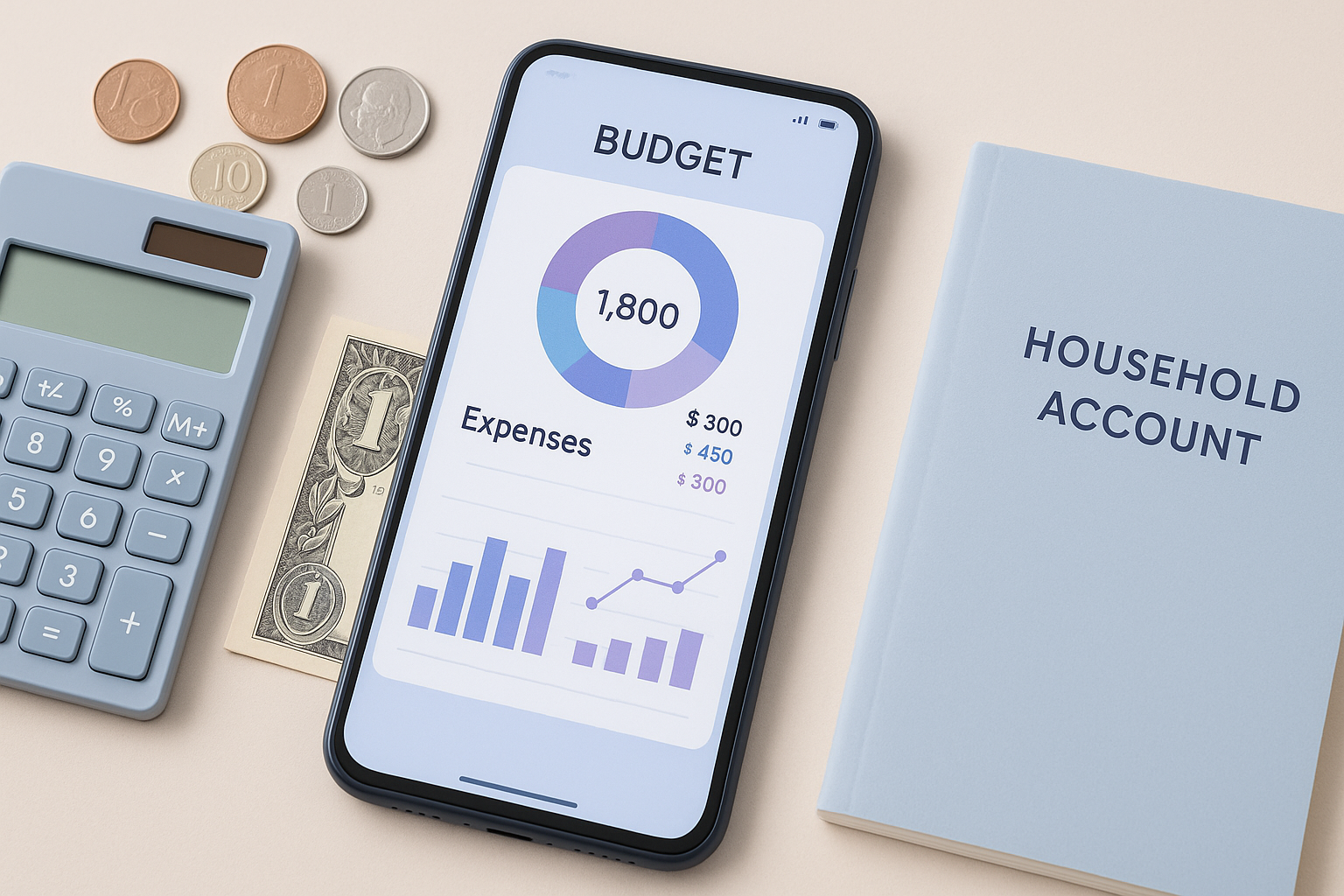 스마트폰 화면 가계부 앱에, 다양한 그래프와 차트