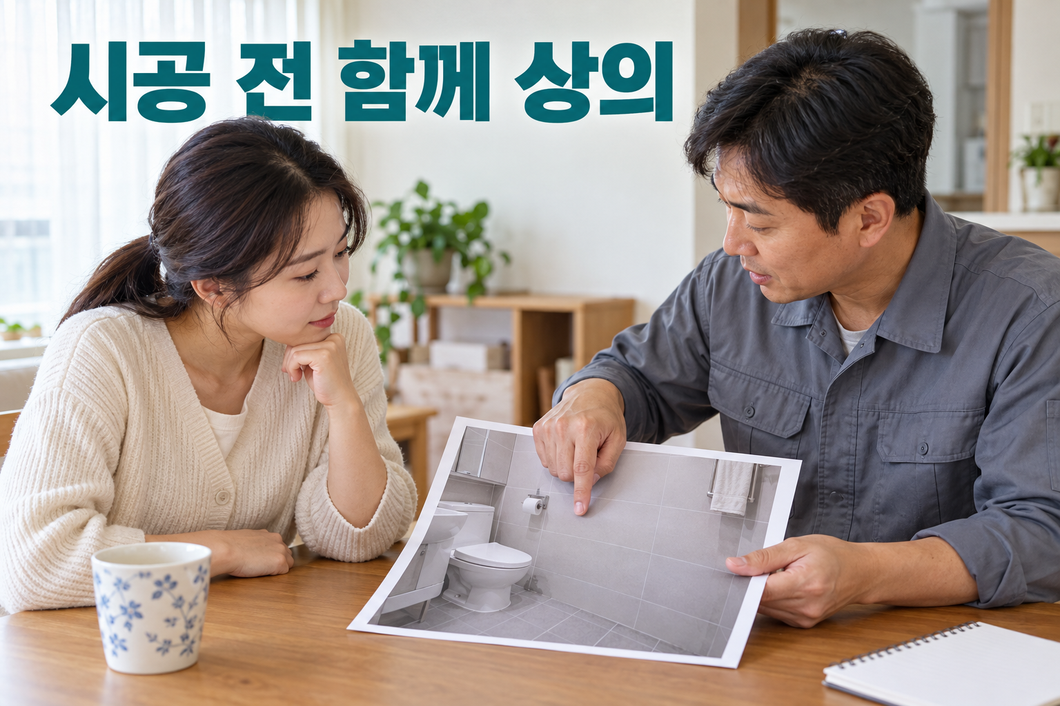 욕실 벽 사진으로 손잡이 설치 가능성을 상의하는 성인들